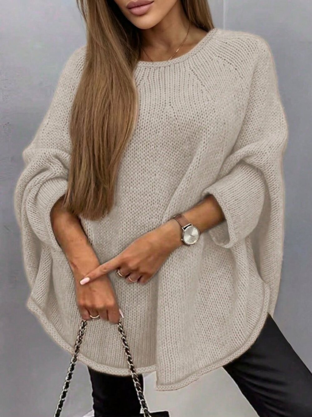 Khaki Casual Women's Minimalist Batwing Sleeve Crew Neck Knit Sweater